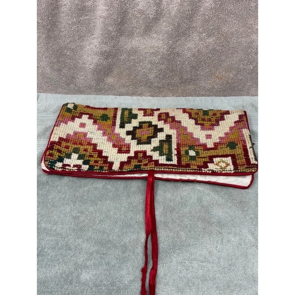 Vintage Neiman Marcus Needlepoint Jewelry Roll‎ Italy Geometric Travel Organizer